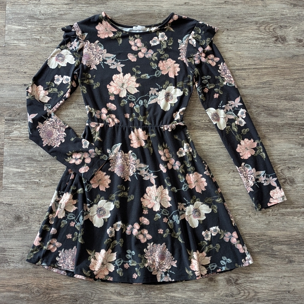 Ardene - Long Sleeve Dress Ruffled A-Line Elastic Waist Black Pink Floral